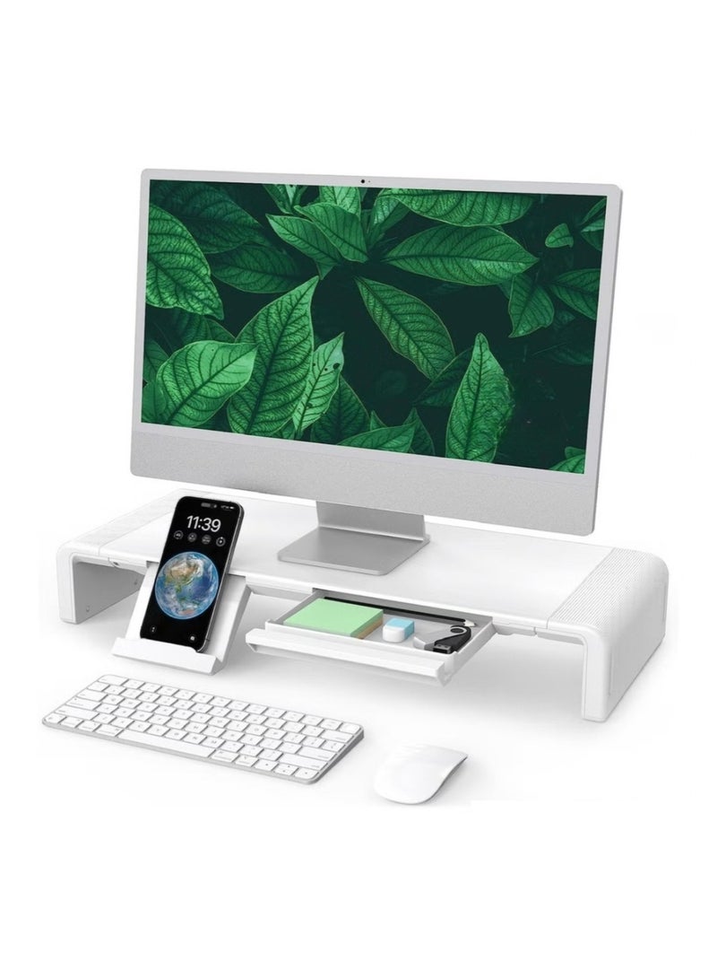 Monitor Desk Mount Stand Riser, Foldable Computer Monitor Riser,Height Adjustable Computer Stand, Desk Shelf Riser with Storage Drawer  (White) - Image 1